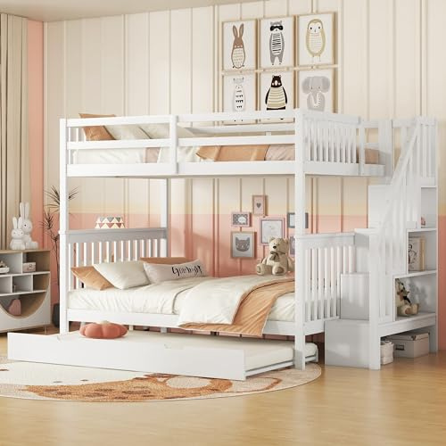 Kebnor Letto a castello, scaffale per scale, dotato di letto estraibile, ringhiera alta, 140 x 200 cm, bianco