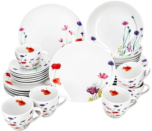 MamboCat Marie Servizio combinato da 30 pezzi, in porcellana con decorazione prato floreale, per 6 persone, 6 tazze, piattini, piatti da torta, piatti fondi e piatti piani