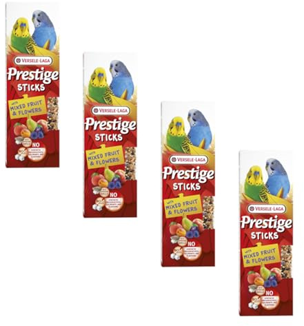 Versele-Laga Prestige Sticks Piccoli pappagallini di frutta e fiori misti | Confezione da 4 | 4 x 60 g | Snack per piccoli parrocchetti | Senza conservanti sintetici e coloranti