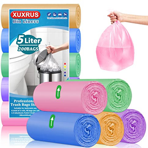 XUXRUS 200 Pièces Sacs Poubelle 5L Ultra Résistant, Petit Sac Poubelle Coloré, 38x43cm, Qualité et Durables, Antiperforation et Antidérapant, Convient pour la Cuisine, la Salle de Bain, le Salon