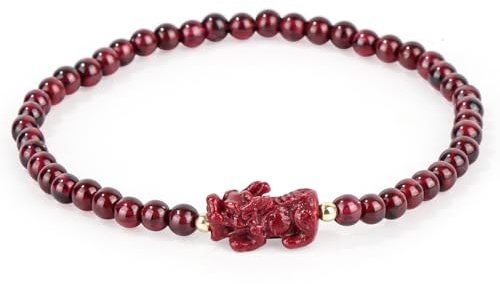 Mikovivi Bracelets de Richesse, Bracelet Feng Shui Porte-Bonheur avec des Bêtes Mythiques Chinoises Perles de Grenat Naturel Breloques Amulette Bijoux Extensibles Cadeau (Rouge)