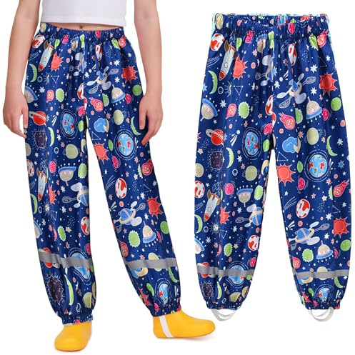 Domueay Pantalon de Pluie Enfant Pantalon Imperméable Garçons Respirant Pliable Pantalon de Boue Reflechissant pour 3-4 Ans, Bleu foncé