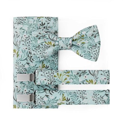 MAY-TIE Herrenfliege Set | Vegane Fliege vorgebunden | Baumwoll-Fliege mit Eukalyptus-Blumenmuster | Optional mit Einstecktuch & Hosenträger | Classic Butterfly