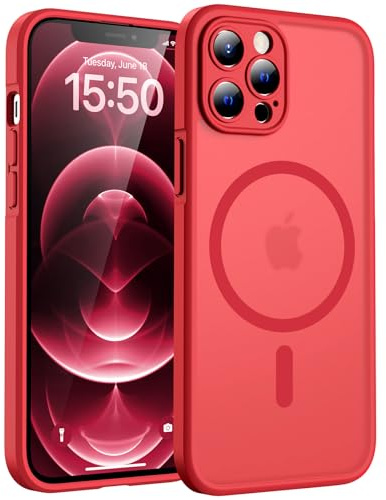TOCOL für iPhone 12 Pro Max Hülle, Kompatibel mit MagSafe, Matt Rot | Eingebauter Magnetring, Vollständiger Kameraschutz, Militärschutz Stoßfest Kratzfest Haltbarkeit, Durchscheinend Rückseite