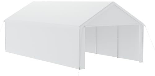 HENGMEI Tältgarage, stor carport, garagetält, bilbaldakin, garagetält, UV-resistent vattentätt skydd med rullfönster (4 x 8 m, vit)