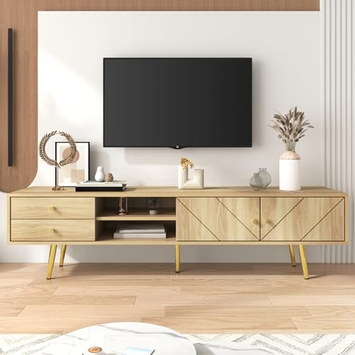 Merax Meuble TV 160 cm pieds dorés - Meuble TV moderne 2 tiroirs 2 portes - Durable grand rangement - Facile montage - Bois - 160 x 36 x 42 cm