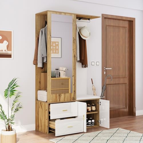HAINEW Flurgarderoben Set Kompaktgarderobe mit Spiegel und Schuhbank, Wandgarderoben Set Garderobenset mit Ausziehbarer Kleiderstange und Schuhschrank für Flur Schlafzimmer (Weiß)