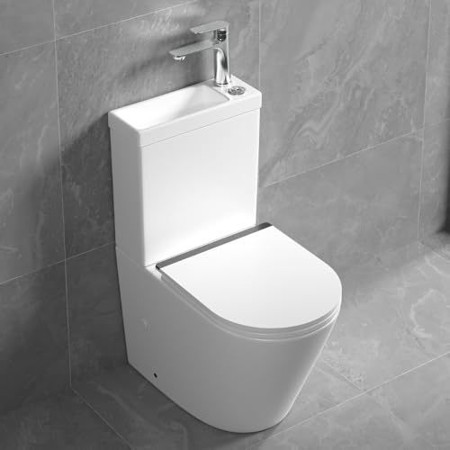 Durovin Bathrooms Close Coupled Two Piece Ceramic Toilet with Sink On Top and tap Right Hand - Rimless WC Pan with Cistern and Soft Close Seat