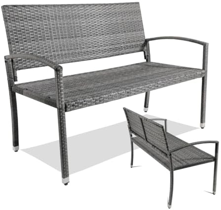 Clevich Gartenbank Rattan Wetterfest, 2 Sitzer Sitzbank, Terrassenbank mit Armlehnen, 320 kg Belastbar Balkon Bank, 122x60x85 cm Gartenmöbel für 2-3 Personen, für Innen- und Außenbereich, Grau