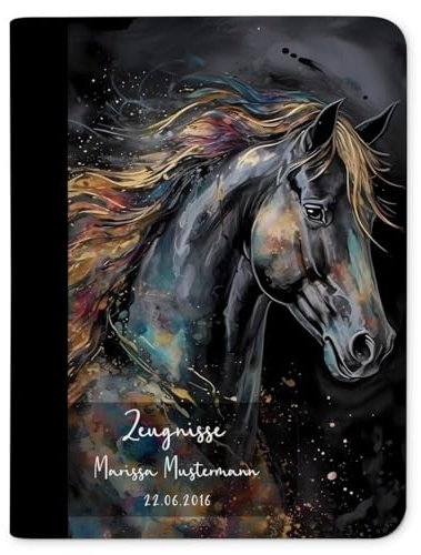 CreaDesign Kinder Zeugnismappe mit Namen personalisiert, Motiv Pferd Black Beauty ohne Klarsichthüllen, A4, 26.7 x 32.7 x 1 cm, Rücken schwarz
