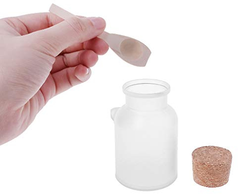 Botella de sal de baño con cuchara de madera y tapón de almacenamiento de corcho suave para monedas, cuentas, joyas, aretes, caja de almacenamiento para botellas, cesta de vidrio, contenedor