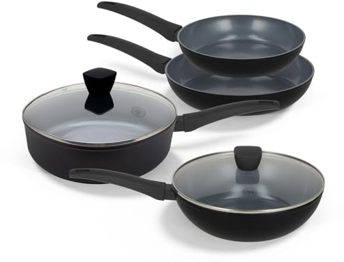 Be Living Pfannenset 4-teilig – Ø 24 & 28 cm Bratpfanne + Sauteuse + Wokpfanne mit Deckel – Bratpfannenset – Keramik – Induktion – PFAS-frei Antihaftbeschichtung – Delight