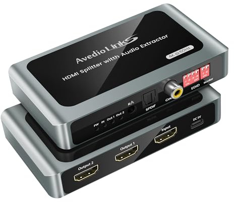 4K@60Hz HDMI Splitter 1 In 2 Out HDMI Audio Extractor, HDmi to Dual HDmI + Optical SPDIF + Coaxial + 3.5mm Audio Out, Supports Dolby Atmos 7.1, DTS, HDCP 2.3, EDID, Downscaler, for TV, PS5, Soundbar
