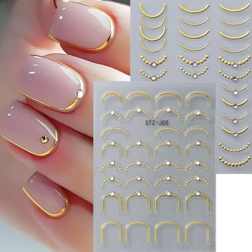 CHarmeFleur 4 Blätter Französische Linie Nagelkunst Aufkleber 5D Relief Französische Spitze Nagel Aufkleber Mit Strass Goldene Französische Streifen Wellen Nagel