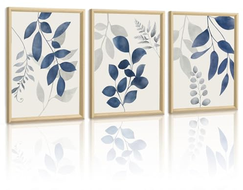 WENGTIAO Cuadros con Marco, Acuarela Azul Hojas Cuadros Decoracion Salon | Modernos Minimalista Abstracto Botánicos Azules Pintura Sobre Lienzo para Dormitorios Decoracion Pared Casa 30x40cmx3