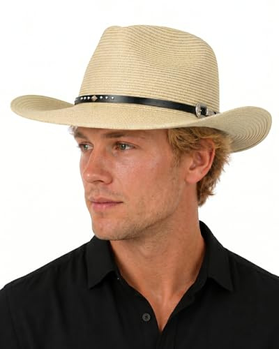 Zylioo XXL XL L Sombrero de vaquero de paja con correa de barbilla fija, M S UPF50+ sombrero de sol occidental, sombrero de vaquera de verano para playa senderismo