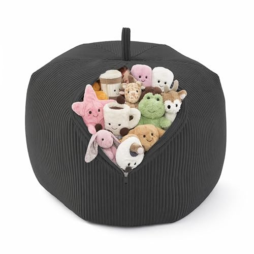 POKAR Funda para Guardar Peluches 85x85x50 cm | Saco de Pana Suave Organizador y Almacenamiento Juguetes | Bolsa 2 en 1 para Peluches y Puf Infantil | Oeko-Tex | Made in EU | Color Guijarro Nocturno