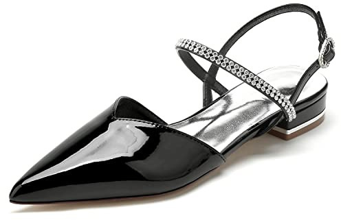 Yhsdfcn Sandalias Slingback de Charol con Pedrería Bailarinas Planas Punta Fina para Boda y Fiesta,Negro,40 EU