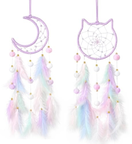 Dream Catcher for Girls, 2Pcs Boho Wall Decor Cat Star