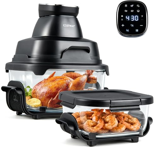 COSTWAY 4 L Friggitrice ad Aria Portatile 1500 W, Friggitrice Elettrica con 2 Griglie, 2 Contenitori Vetro con Coperchio, Forno ad Aria Calda con Display Touch, Temperatura Regolabile (Nero)