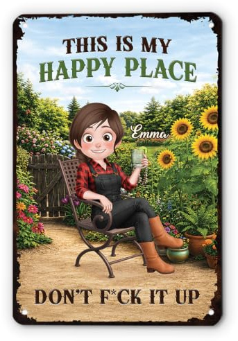 Personal Chic Personalised Metal Sign - This Is My Happy Place - garden signs, garden plaques for outside, metal signs for outside, shed signs, garden wall plaques (Model #1 - Female)