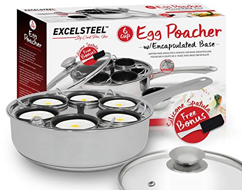 EXCELSTEEL Non Stick Easy Use Rust Resistant Home Kitchen Breakfast Brunch Induction Cooktop Egg Poacher, 6 Cup, Stainless Steel, Round