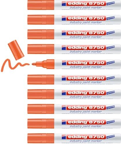 edding 8750 industry paint marker - orange - 10 stylos - pointe ronde 2-4 mm - marqueur pour peinture pour écrire sur des surfaces poussiéreuses et légèrement huileuses, pneus, métal, verre et bois