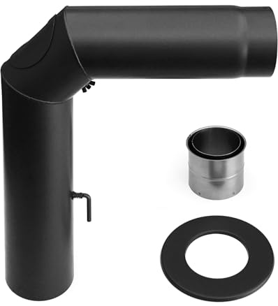 raik Rauchrohr Ofenrohr Set 200 mm schwarz 90° Bogen dreiteilig mit Zugregulierung und Reinigungsöffnung inkl. Doppelwandfutter und Wandrosette 2 mm Stahl Senotherm Lackierung bis 600 Grad