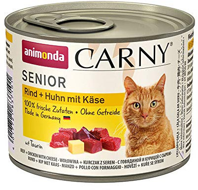 Carny Katzen Nassfutter Senior Rind + Huhn + Käse (6 x 200g), Katzenfutter nass von animonda ohne Getreide und Zucker für Katzen ab 7 Jahren mitfrischen und fleischigen Zutaten