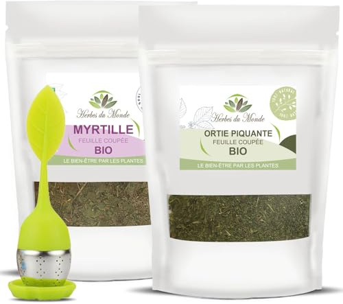Herbes du Monde - Duo de Tisanes Stop Sucre BIO Avec infuseur - Infusions Organic Bien-Etre et Détox - Ortie et Myrtille - 2 sachet et 1 infuseur Certifiée AB