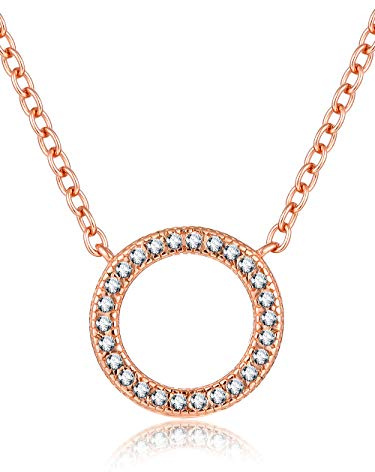Presentski Damen Kette Rosegold-Halskette 925 Silber mit Anhänger Kreis Geometrie Zirkonia weiß 45cm|Zarte Kette Runder Anhänger