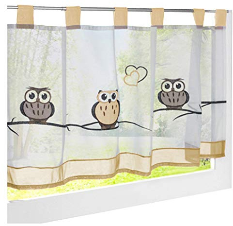 LiYa Bistrogardine Mit Eule Bestickt Voile Transparent Scheibengardine für Küchen Vorhang (HxB 45x90cm, Sand)