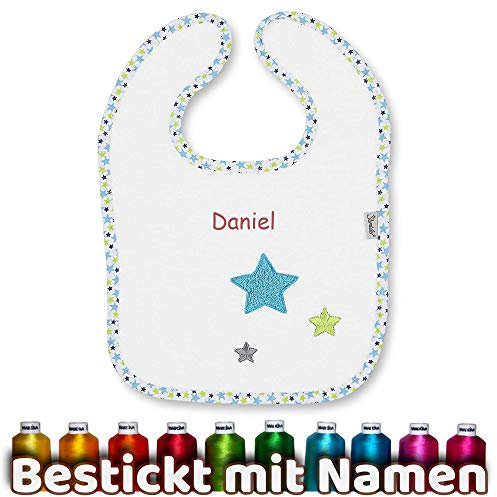 Sterntaler Lätzchen mit Namen bestickt, Model Erik Stern, Weiß Türkis, Baby & Kleinkind Spucktuch mit Motiv Sterne, Halstuch / Babylätzchen personalisiert, Junge Mädchen, Baumwolle, 26 x 38 x 0,5 cm