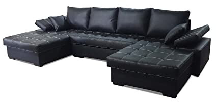 Modernes Ecksofa mit Schlaffunktion und Bettkasten Fondo U-Form Schlafsofa Gesteppt Groß Big Sofa XXL Kunstleder Wohnlandschaft Bettkasten Gewebe Schwarz Grau 19
