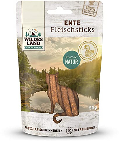 WILDES LAND – Fleischsticks Ente | Katzensnack mit natürlichen Zutaten und extra hohem Fleischanteil für ausgewachsene Katzen. Getreidefreier Snack ohne Zusatzstoffe im Beutel | 9x50g Ente