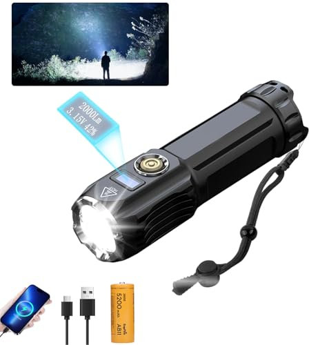 SuperFire ‌Tactical Flashlight with Powerbank Function, 2000 Lumens USB-C Rechargeable,IP44 Waterproof LED Torch for Camping & Emergencies, 5200mAh Battery & Digital Display | 26650 Battery Included