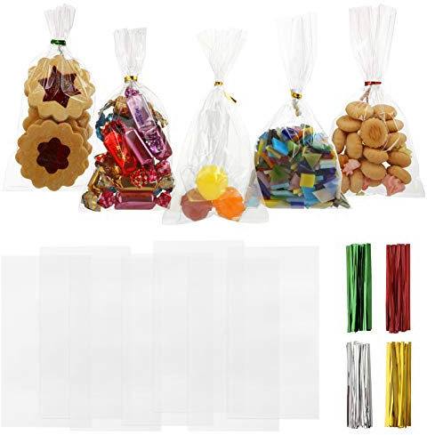GWHOLE 120 Sacs Transparents Noel pour Bonbons Biscuits 140 Liens Torsadés | Plastique OPP Contact Alimentaire, 140 Liens Métallisés 8cm en 4 Couleurs, Soudures Renforcées