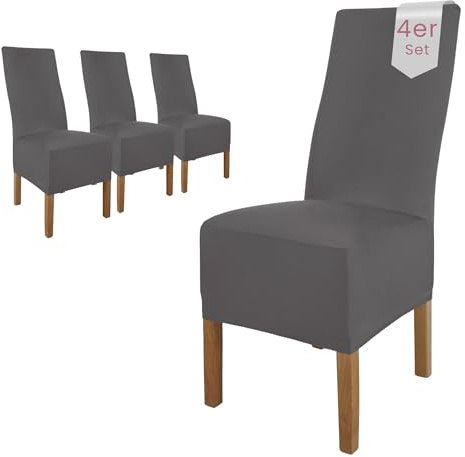 Scheffler Home Stuhlhussen 4er Set in Grau Stretch Lena | Elastische Stuhlbezüge, waschbar, bügelfrei und pflegeleicht, für Polsterstühle und Esszimmerstühle