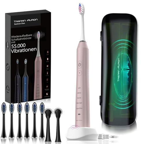 Tristan Auron Schallzahnbürste - 55.000 Schwingungen - 5 Modi - 60 Tage Akku + inkl. Etui mit UV Desinfektion + 6 Ersatzbürste und 2 Zungenreiniger - Business Class pink