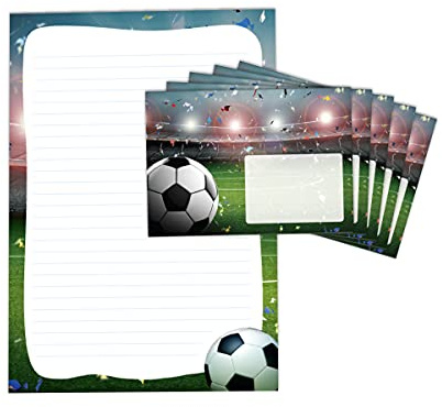 JuNa-Expe​​rten Briefpapier-Set für Kinder Fußball – Liniertes Briefpapier A4 mit 25 Blättern und 15 Umschlägen für Jungen und Jungs