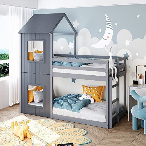 ZYLOYAL10 3FT Treehouse Bunk bed, Cabin Bed Frame, Mid-Sleeper with Treehouse Canopy & Ladder for Office, School, Dorm and Home (Grey)