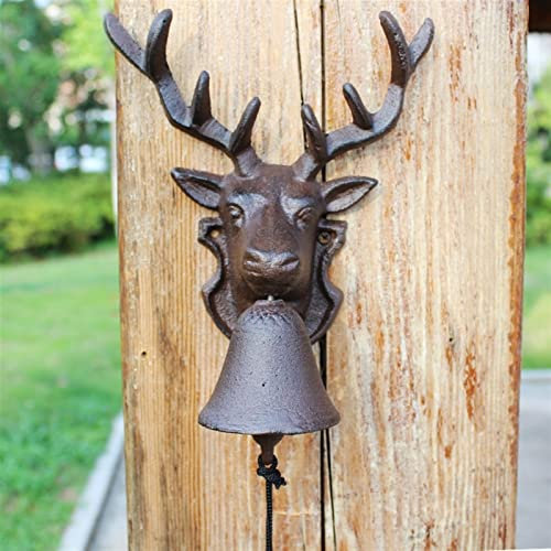 HEPPPP Rentierkopf Gusseisen Hand Cranking Wall Bell Amerikanische Land Bauernhaus Garten Dekor Rustikale Wandmontage Welcome Türglocke Mahlzeitglocke