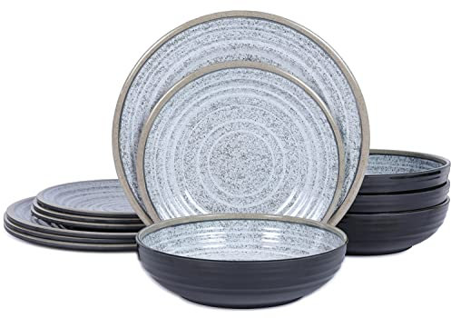 Gofunfun Juego de vajilla de melamina de 12 piezas, servicio para 4 platos y cuencos, apto para lavavajillas, estante superior, sin BPA, para uso diario, patrón de granito, parte trasera negra