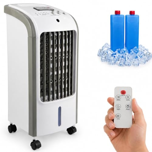 BAKAJI Raffrescatore Evaporativo d'Aria Air Cooler, Ventilatore con Raffreddamento ad Acqua con Serbatoio Ghiaccio Umidificatore, Timer e Telecomando, Potenza 80 W, 4 Ruote Portatile, 24 x 26 x 57 cm