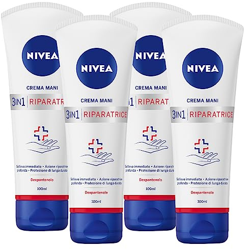 Nivea Handcreme 3-in-1 pflegende Formel Samt 24 Stunden mit Dexpanthenol zur sofortigen Entlastung und lang anhaltenden Schutz auf trockener, rissiger Haut – 4 Flaschen à 100 ml