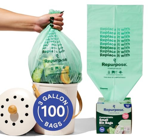 Repurpose 3 Gallon Compostable Small Bin Trash Bags, 100 Bags, BPI Certified, Leak-Proof, FDA Approved, Recyclable Packaging