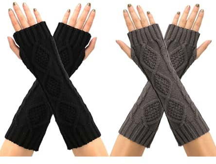 Leoparts Cable Knitted Arm Warmers Thumb Hole Winter Long Fingerless Gloves