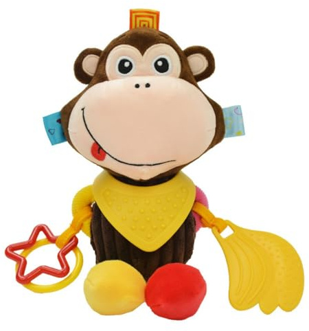Baby Plüsch Tier Spielzeug, Hängespielzeug mit Silikon Beißring, sensorisches Lernspielzeug für 0-36Monate neugeborene Jungen und Mädchen (Affe)