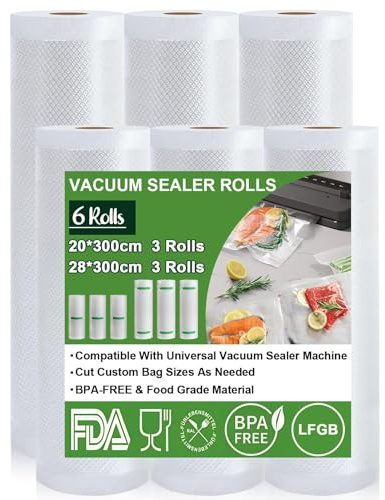 Omtofo Vacuum Bag Roll 6 Rolls Vacuum Film 20 x 300 cm (3 Rolls) & 28 x 300 cm (3 Rolls), BPA-Free, Tear-Resistant, Food Vacuum Film Roll for All Vacuum Sealers, Microwaves and Sous Vide