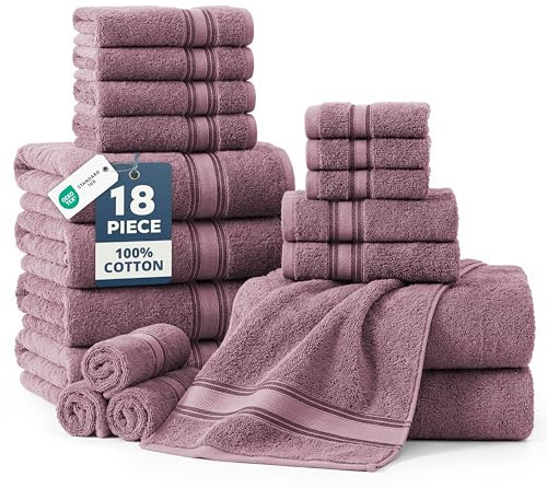 LANE LINEN Premium Bath Towel Set of 18 – 100% Cotton, 6 Large Bath Towel, 6 Handtowels & 6 Washcloths, Zero Twist, Ultra Soft & Durable, Quick-Dry, Ideal for Spa, Hotel & Everyday Use – Wishful Mauve